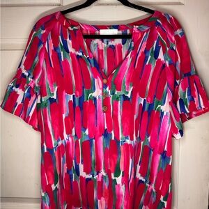 Vibrant Pink Brushstroke V-Neck Button Blouse
